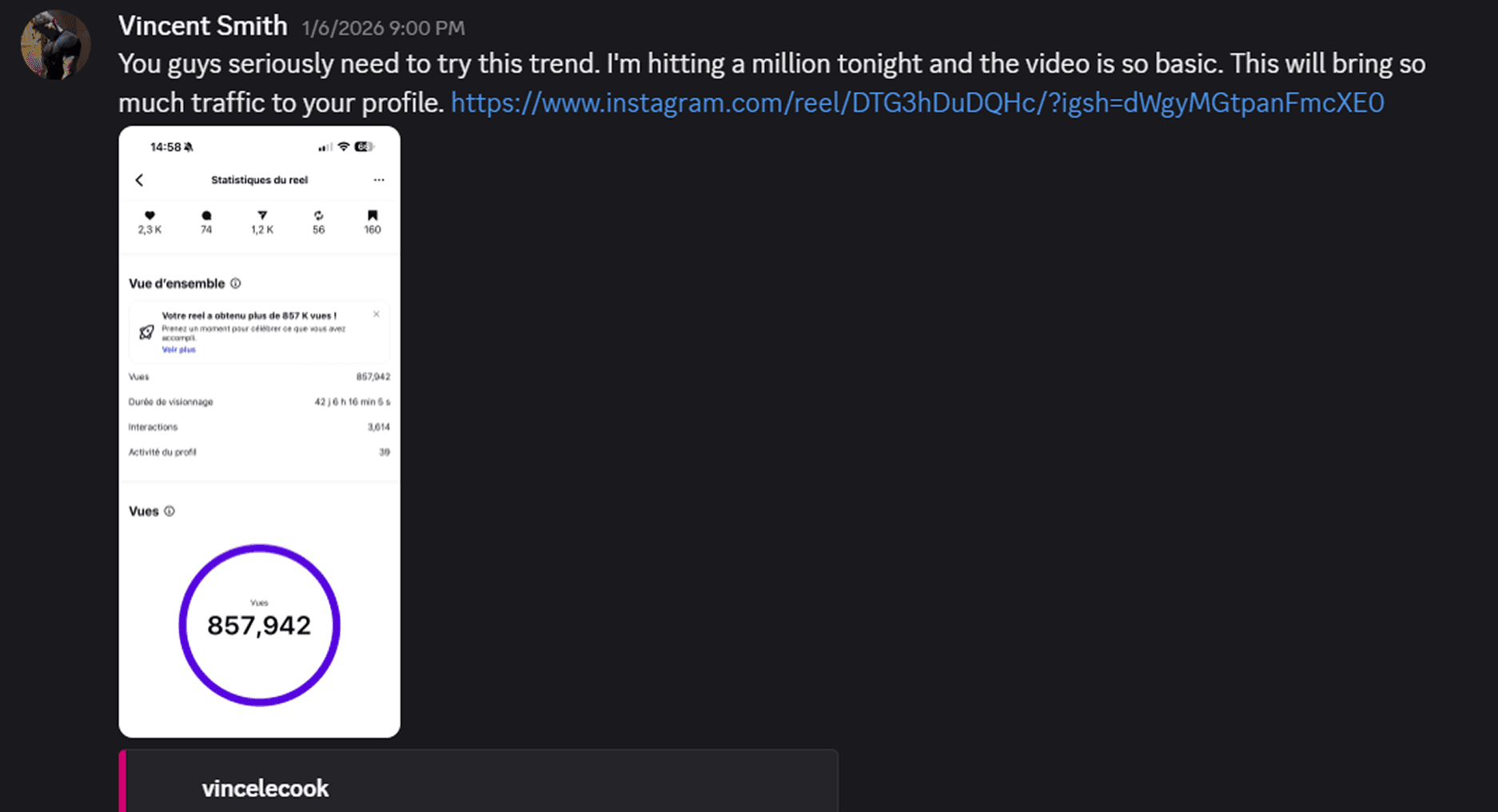 Reel Approaching 1 Million Views — 857K and Climbing